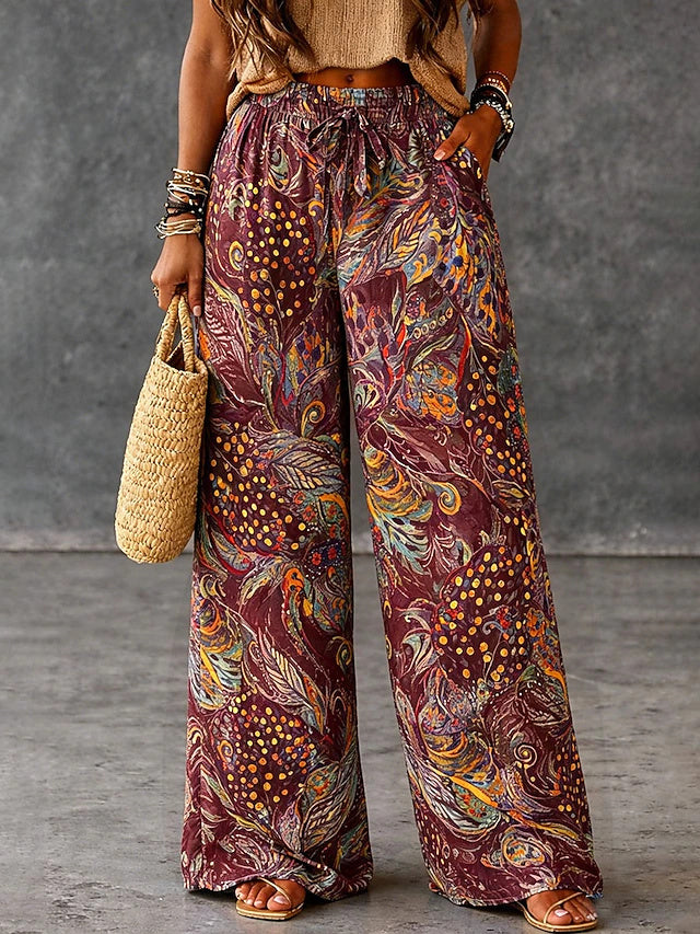 Women's High Waist Printed Vintage Ethnic Wide Leg Twill Pants