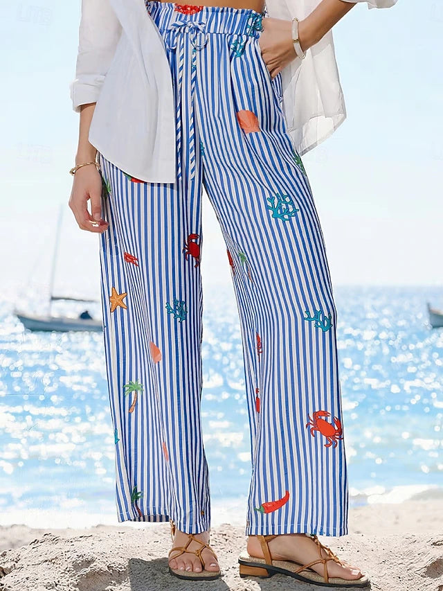 Women's Soft Comfort High Waist Striped Wide Leg Cotton Casual Pants