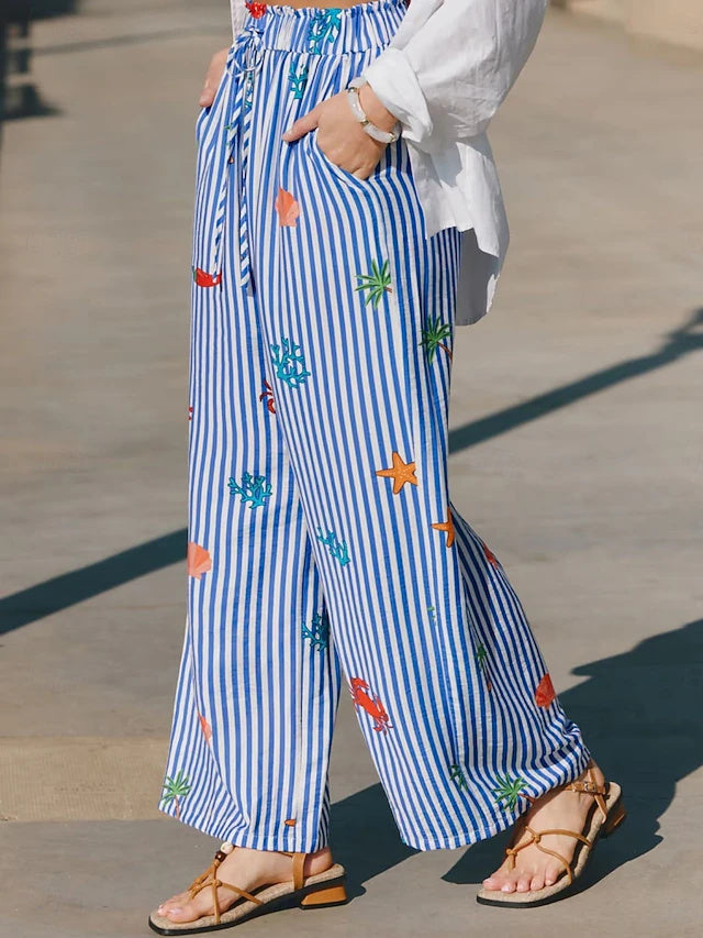 Women's Soft Comfort High Waist Striped Wide Leg Cotton Casual Pants