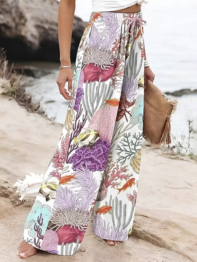 Women's Comfort Breathable Art Print Wide Leg Twill Casual Pants for Daily Wear