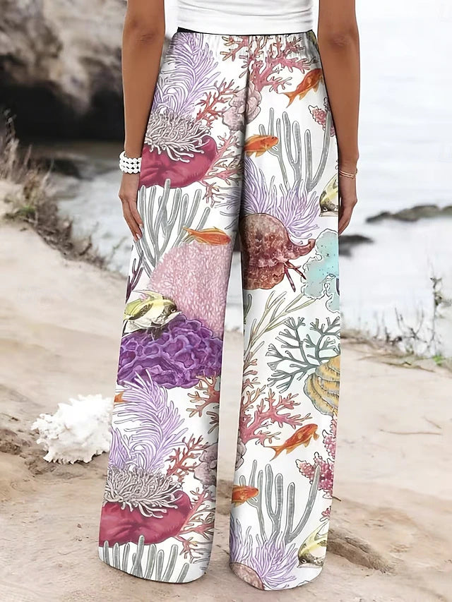 Women's Comfort Breathable Art Print Wide Leg Twill Casual Pants for Daily Wear