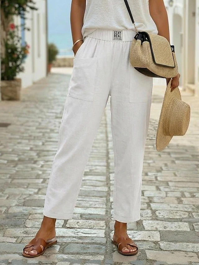 Women's Comfort Breathable 100% Cotton Linen Casual Ankle Pants for Daily Wear