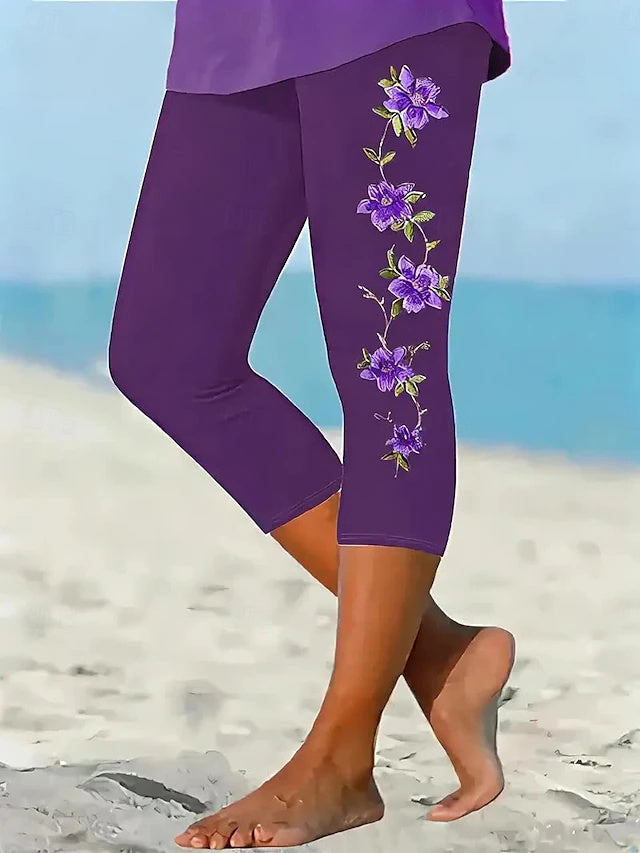Women's Vintage Floral Print Soft Breathable Skinny Capri Pants