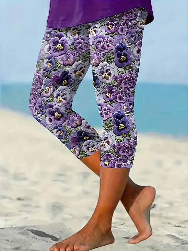 Women's Vintage Floral Print Soft Breathable Skinny Capri Pants