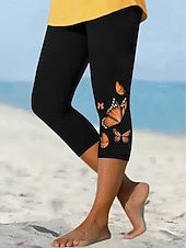 Women's High Waist Butterfly Print Soft Comfort Capri Pants for Daily & Outdoor Wear