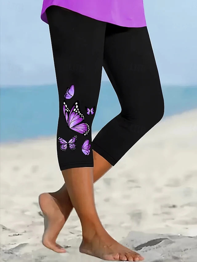 Women's High Waist Butterfly Print Soft Comfort Capri Pants for Daily & Outdoor Wear