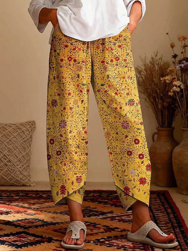 Women's Vintage Casual Ankle Pants with Abstract Print, Soft Breathable for Daily Wear