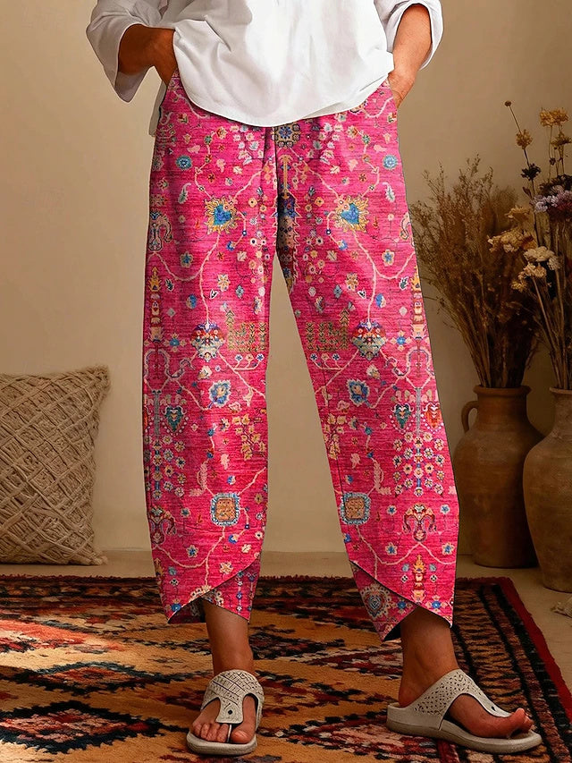 Women's Vintage Casual Ankle Pants with Abstract Print, Soft Breathable for Daily Wear