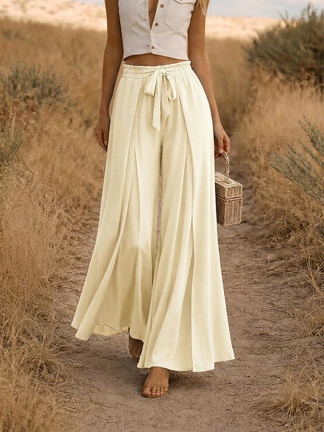 Women's High Waist Solid Color Linen Look Wide Leg Casual Pants