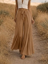 Women's High Waist Solid Color Linen Look Wide Leg Casual Pants