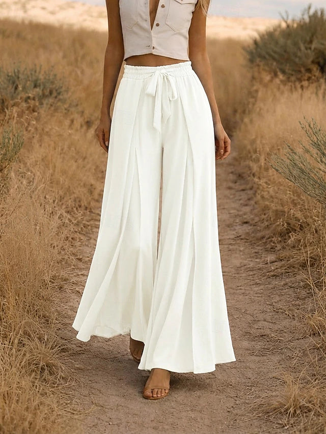 Women's High Waist Solid Color Linen Look Wide Leg Casual Pants