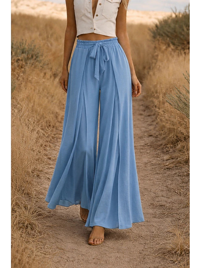 Women's High Waist Solid Color Linen Look Wide Leg Casual Pants