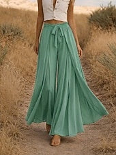Women's High Waist Solid Color Linen Look Wide Leg Casual Pants