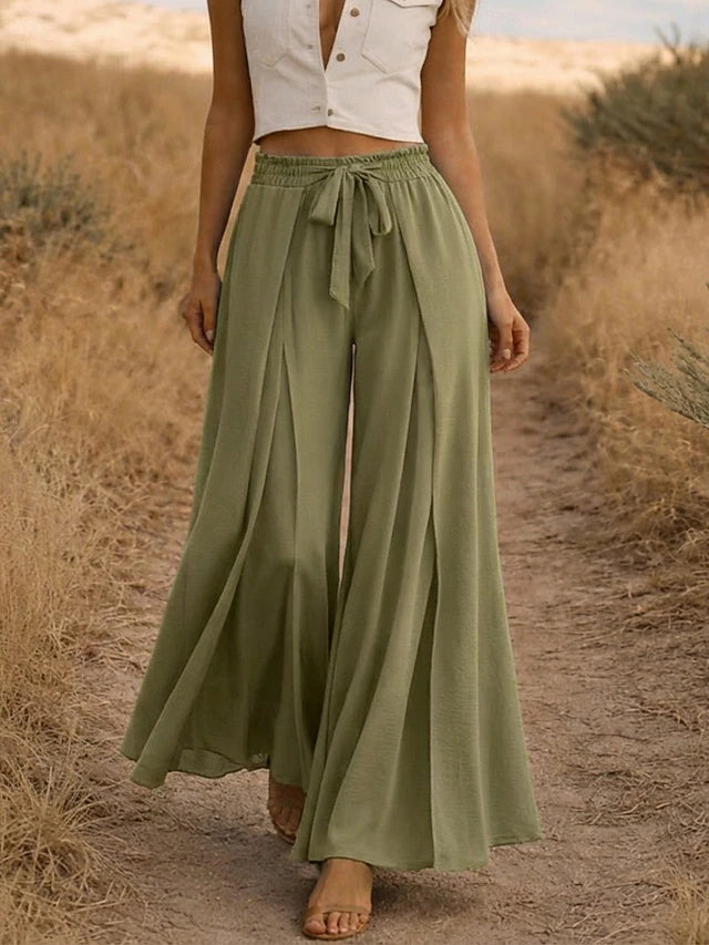Women's High Waist Solid Color Linen Look Wide Leg Casual Pants