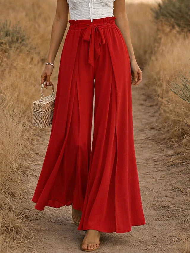 Women's High Waist Solid Color Linen Look Wide Leg Casual Pants