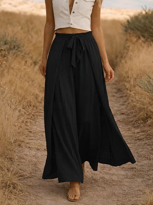 Women's High Waist Solid Color Linen Look Wide Leg Casual Pants