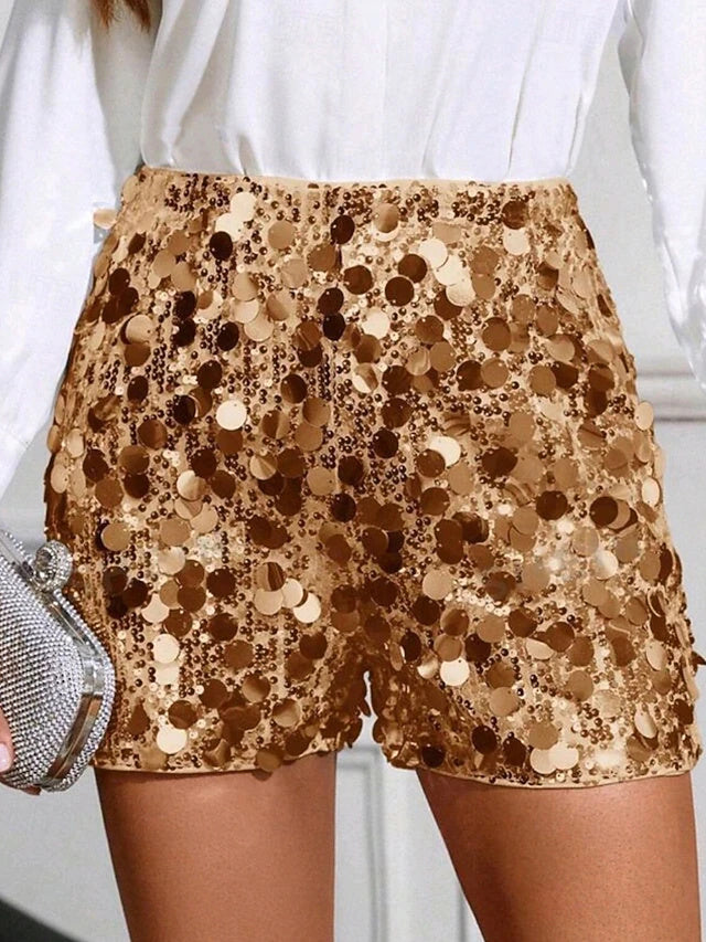 Mid Rise Solid Sequin Khaki Shorts Women Party Non-Stretch