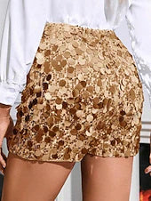 Mid Rise Solid Sequin Khaki Shorts Women Party Non-Stretch
