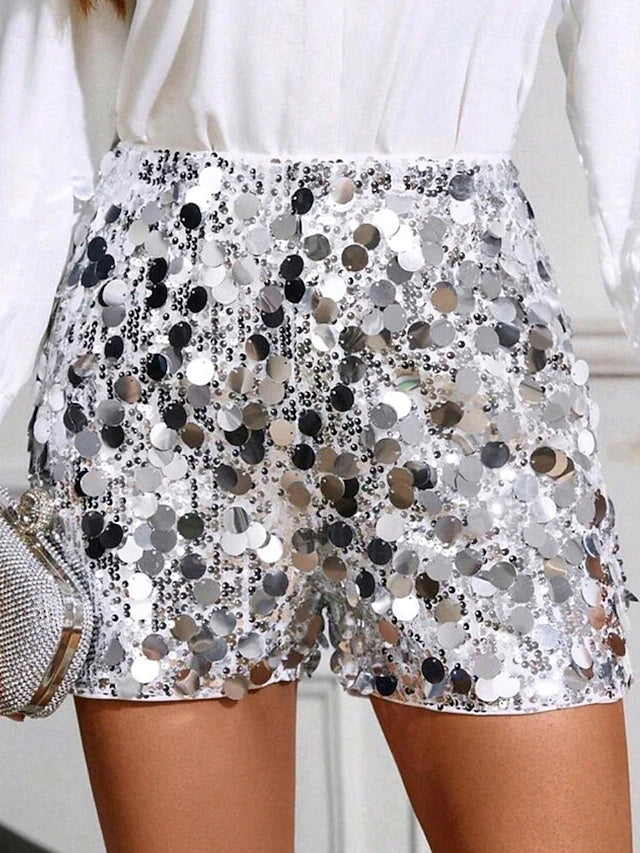 Mid Rise Solid Sequin Khaki Shorts Women Party Non-Stretch