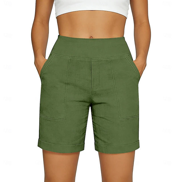 Mid Rise Basic Non-Stretch Bermuda Shorts Women Vacation Home Wear