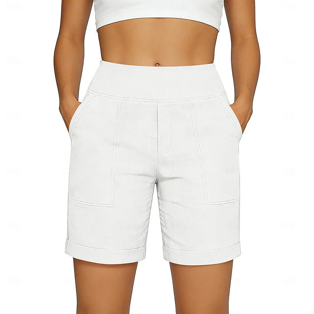 Mid Rise Basic Non-Stretch Bermuda Shorts Women Vacation Home Wear
