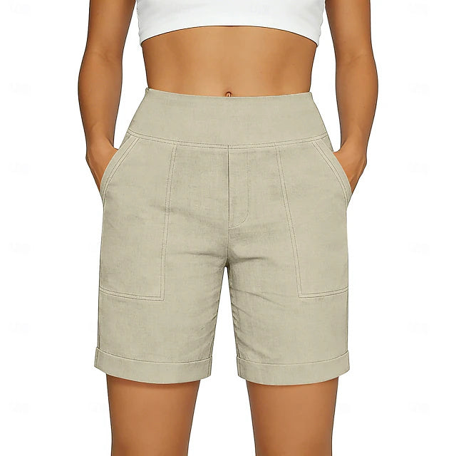 Mid Rise Basic Non-Stretch Bermuda Shorts Women Vacation Home Wear