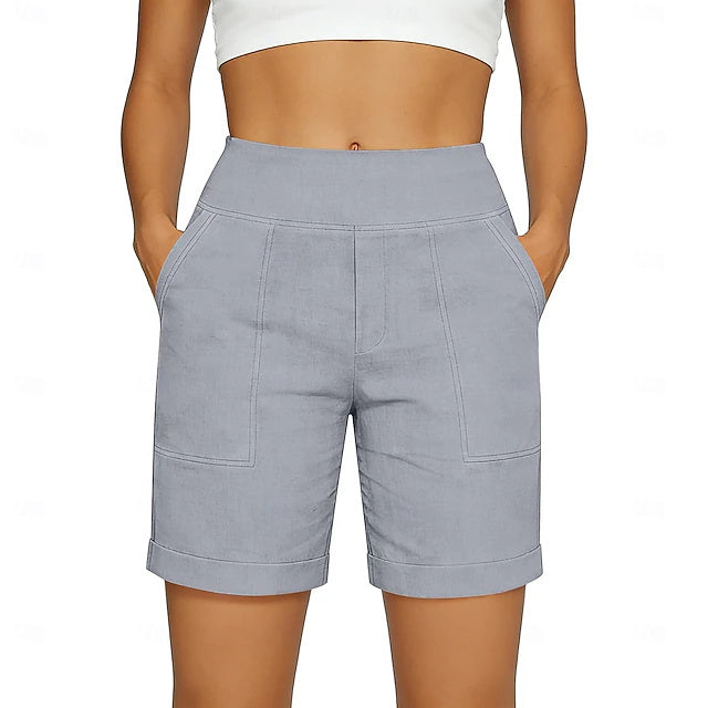 Mid Rise Basic Non-Stretch Bermuda Shorts Women Vacation Home Wear