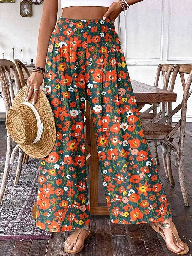 Boho Print High Waist Elastic Waist Wide Leg Pants Women Breathable