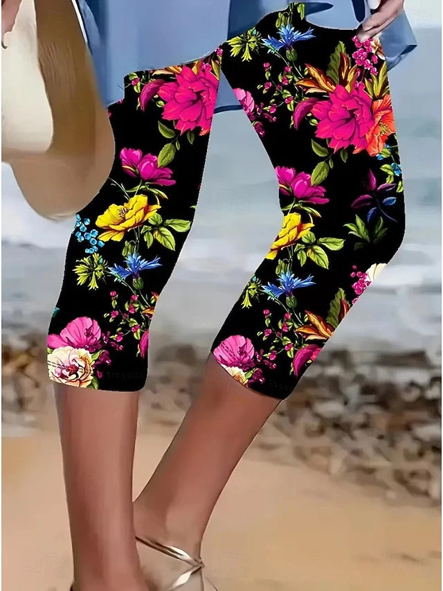 High Waist Print Soft Capri Pants Women Daily Casual