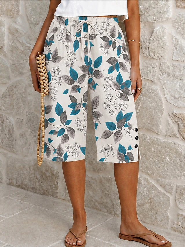 Women's Floral & Abstract Print Non-Stretch Cotton Linen Capri Pants for Daily Outdoor & Vacation