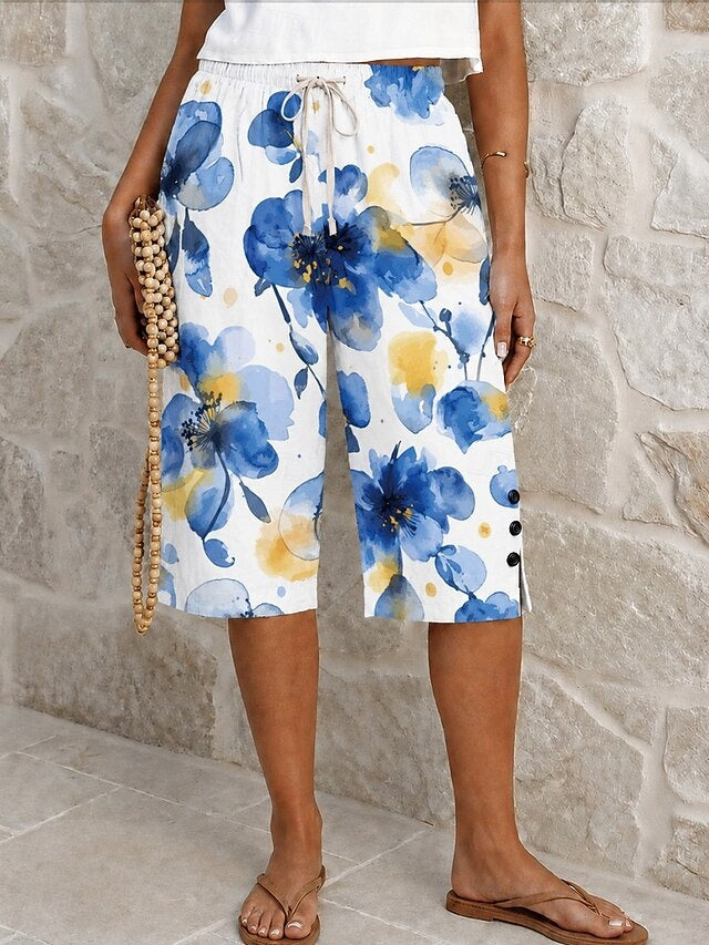 Women's Floral & Abstract Print Non-Stretch Cotton Linen Capri Pants for Daily Outdoor & Vacation