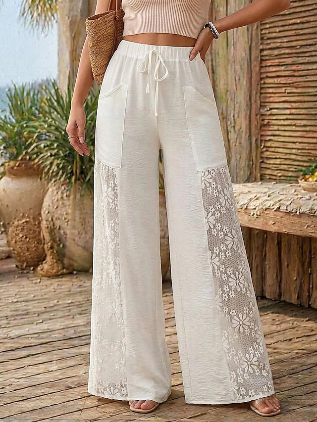 Women's Wide Leg Vacation Fashion Full Length Medium Waist Comfortable Breathable Inelastic Vacation Formal Black White Summer Spring Loose Fit