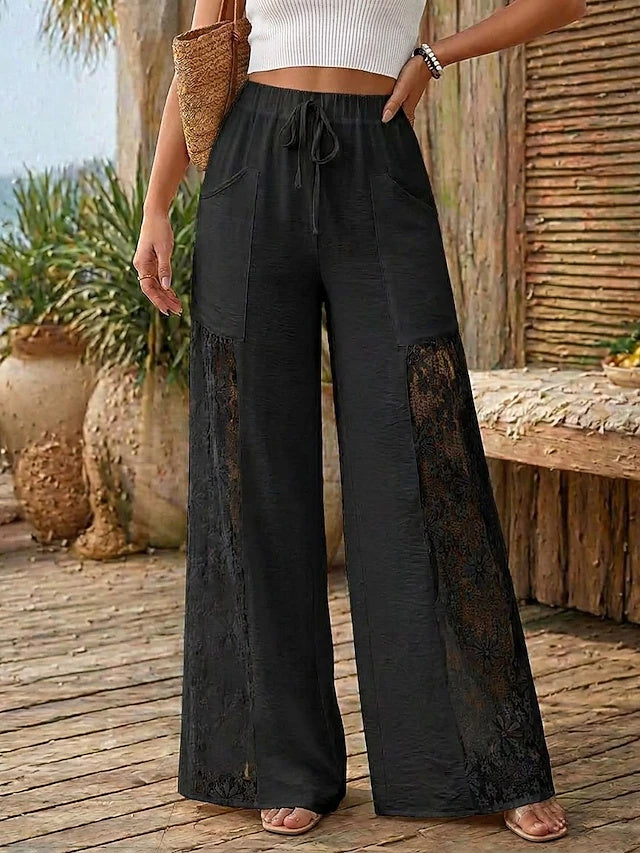 Women's Wide Leg Vacation Fashion Full Length Medium Waist Comfortable Breathable Inelastic Vacation Formal Black White Summer Spring Loose Fit