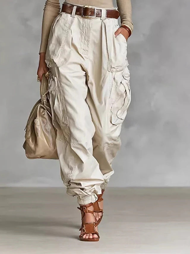 High Waist Solid Twill Cargo Pants Women Loose Pockets Spring Autumn
