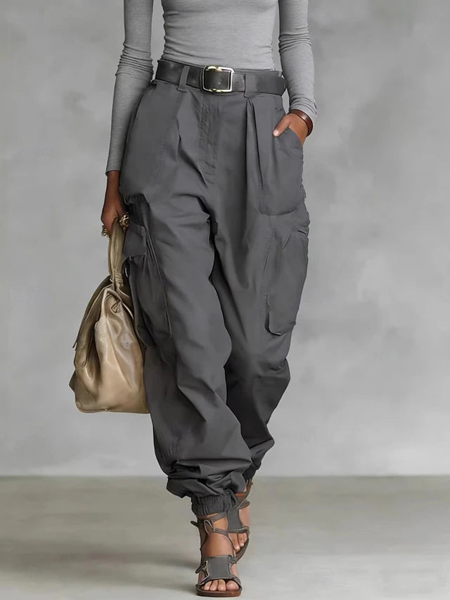 High Waist Solid Twill Cargo Pants Women Loose Pockets Spring Autumn