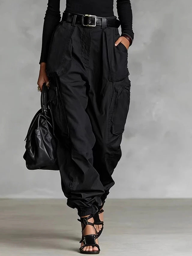 High Waist Solid Twill Cargo Pants Women Loose Pockets Spring Autumn