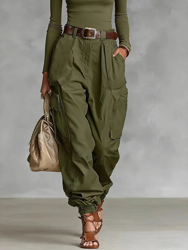 High Waist Solid Twill Cargo Pants Women Loose Pockets Spring Autumn