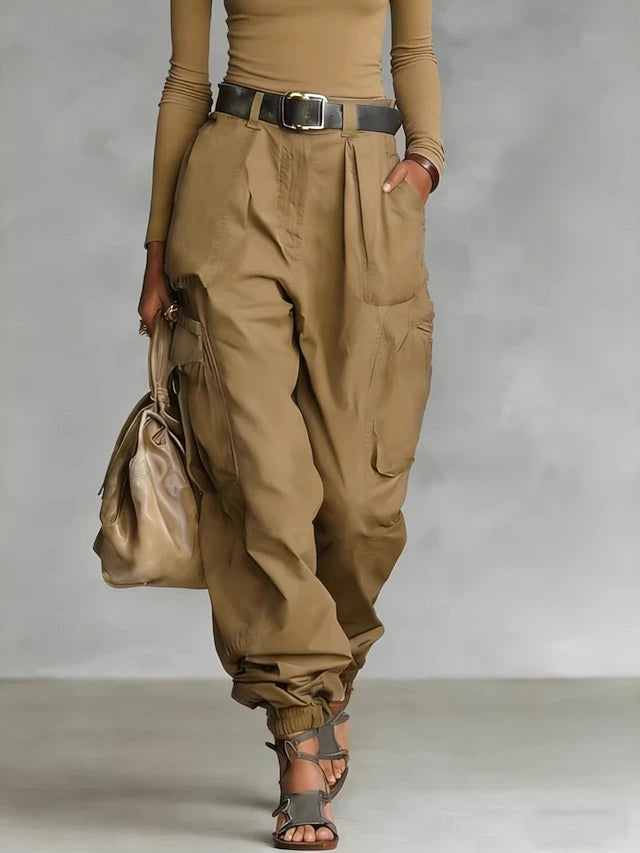 High Waist Solid Twill Cargo Pants Women Loose Pockets Spring Autumn