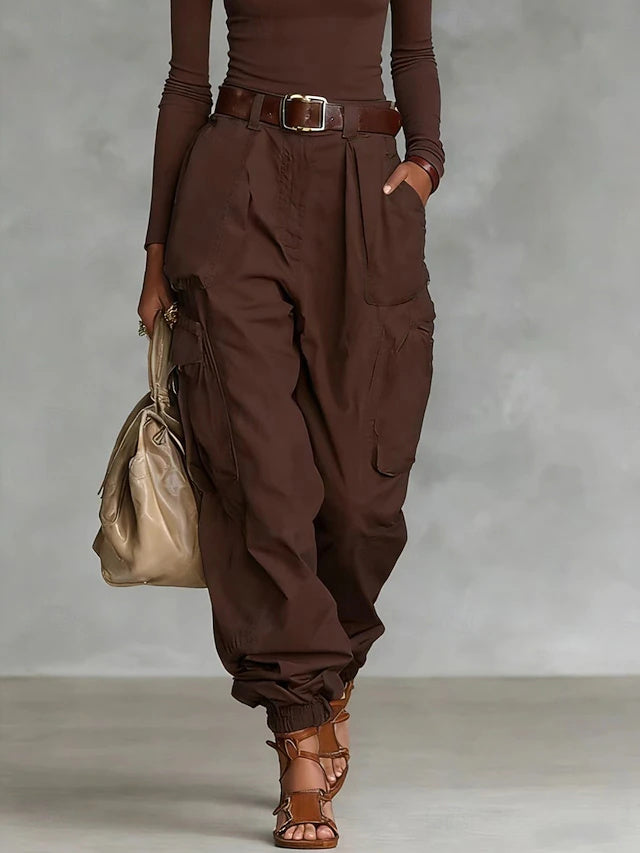 High Waist Solid Twill Cargo Pants Women Loose Pockets Spring Autumn