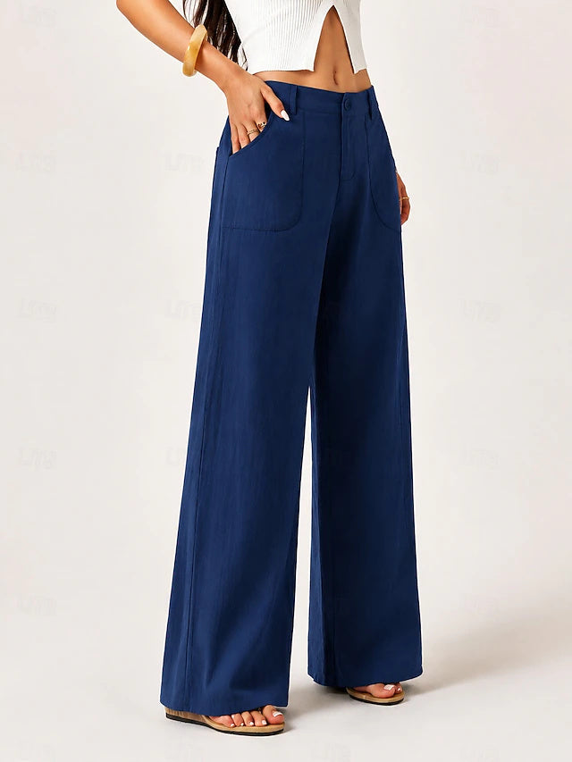 Mid Waist Solid Wide Leg Pants Elastic Waist Pockets Women Office Vacation
