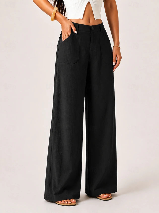 Mid Waist Solid Wide Leg Pants Elastic Waist Pockets Women Office Vacation