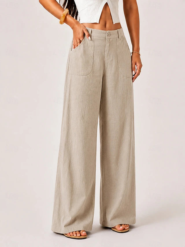 Mid Waist Solid Wide Leg Pants Elastic Waist Pockets Women Office Vacation