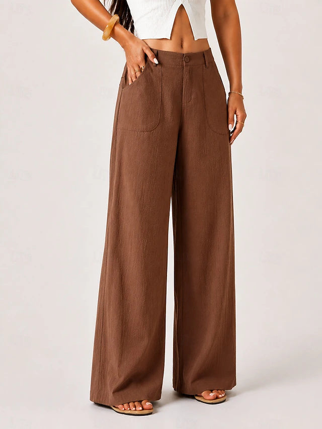 Mid Waist Solid Wide Leg Pants Elastic Waist Pockets Women Office Vacation