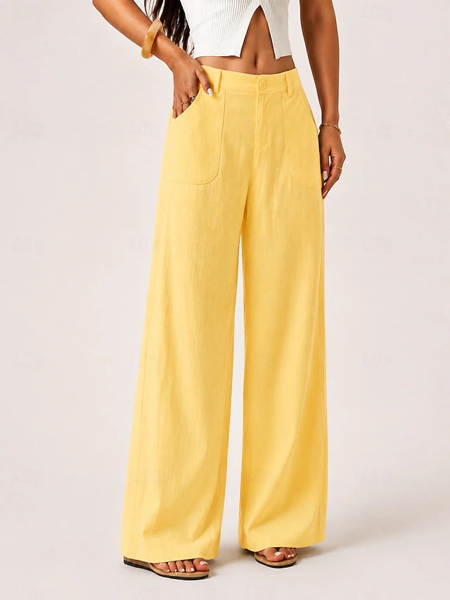 Mid Waist Solid Wide Leg Pants Elastic Waist Pockets Women Office Vacation
