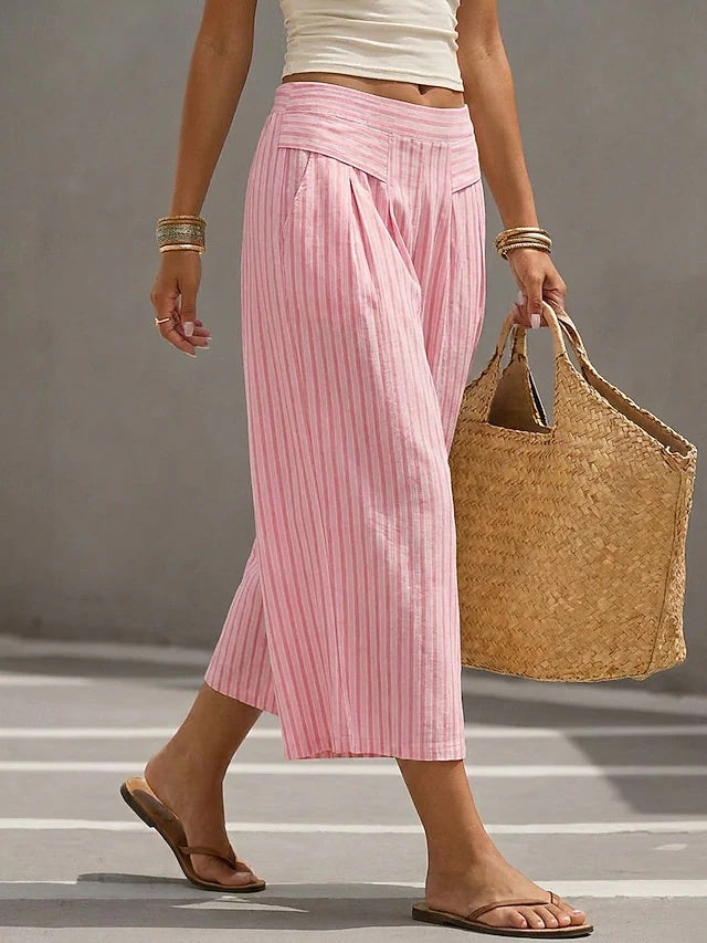 High Waist Striped Ankle Wide Leg Pants Women Retro Stretch Spring Summer