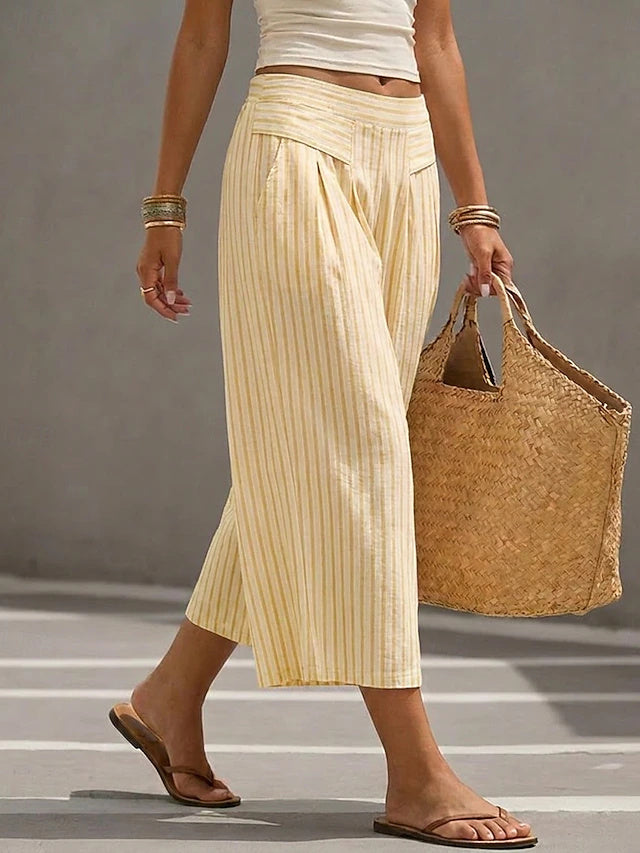 High Waist Striped Ankle Wide Leg Pants Women Retro Stretch Spring Summer