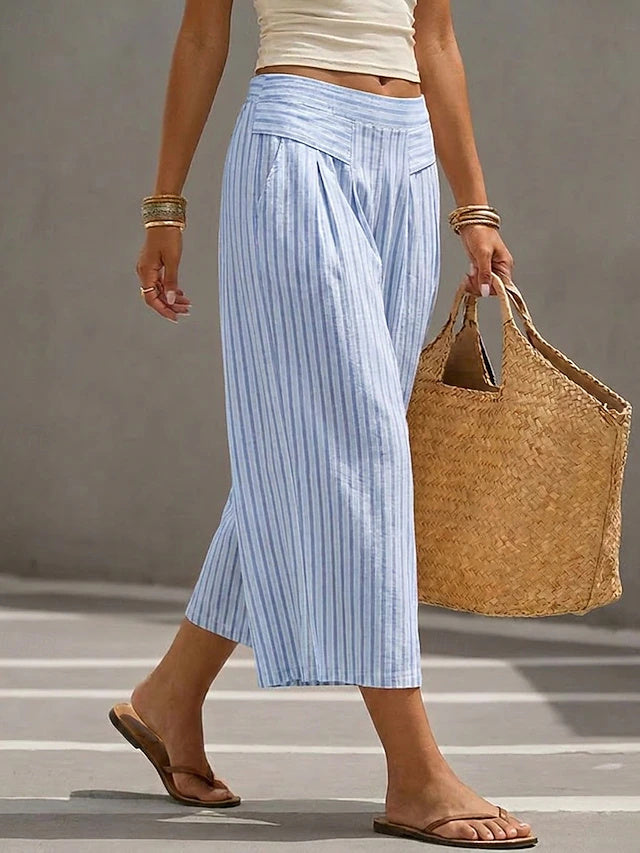 High Waist Striped Ankle Wide Leg Pants Women Retro Stretch Spring Summer