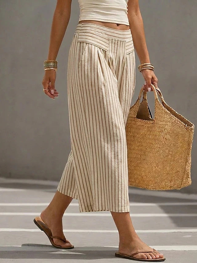 High Waist Striped Ankle Wide Leg Pants Women Retro Stretch Spring Summer