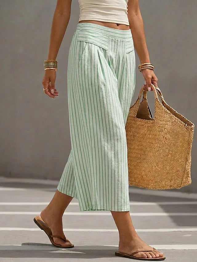 High Waist Striped Ankle Wide Leg Pants Women Retro Stretch Spring Summer