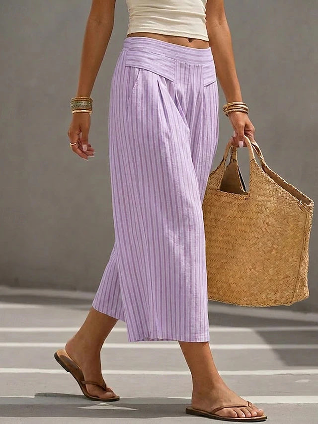 High Waist Striped Ankle Wide Leg Pants Women Retro Stretch Spring Summer